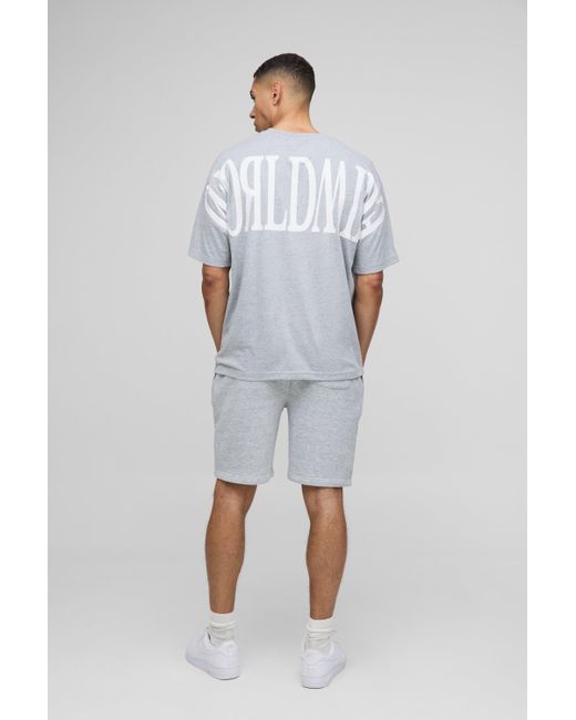 BoohooMAN Blue Oversized Worldwide Over Seam Print T-shirt & Short Set for men