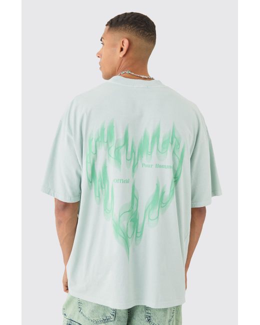 BoohooMAN Green Oversized Extended Neck Wash Flame Heart T-shirt for men