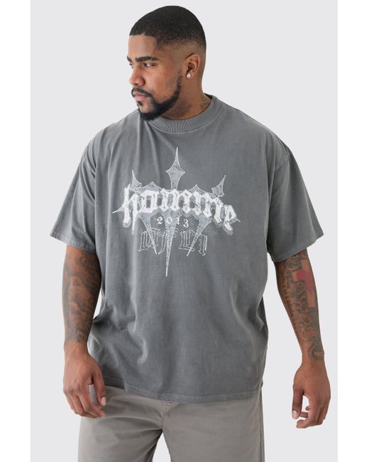 BoohooMAN Plus Oversized Homme Cross Puff Print T-shirt In Grey in Gray für Herren