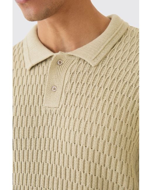 BoohooMAN Natural Regular Long Sleeve Textured Knit Polo for men