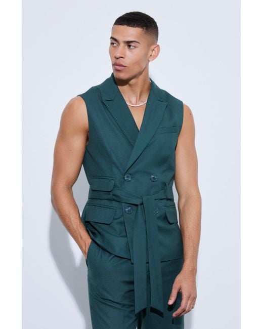 BoohooMAN Blue Sleeveless Belted Double Breasted Blazer for men