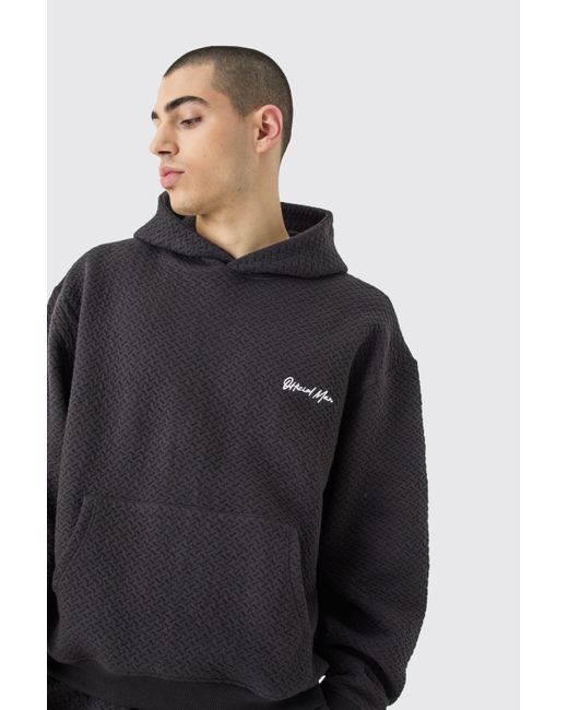 BoohooMAN Gray Oversized Boxy Jacquard Quilted Embroided Hoodie for men