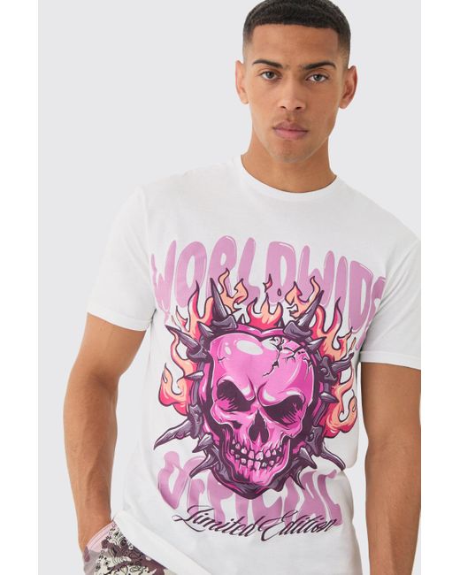 BoohooMAN White Oversized Skull Flame Graphic T-shirt for men