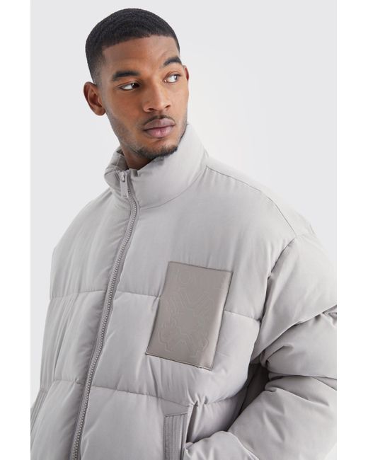BoohooMAN Gray Tall Boxy Oversized Pu Patch Peached Nylon Puffer for men