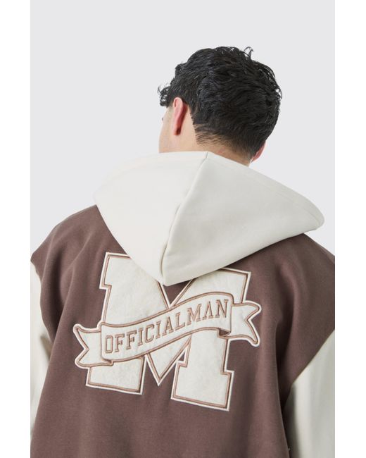 BoohooMAN Brown Oversized Varsity Applique Jersey Hooded Jacket for men