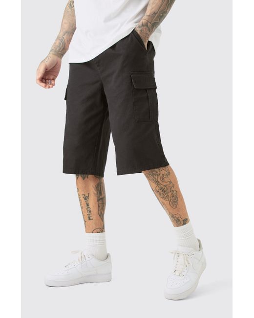 BoohooMAN Tall Elastic Waist Black Relaxed Fit Longer Length Cargo Shorts for men