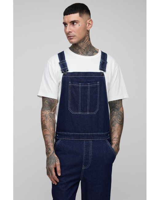 BoohooMAN Blue Tall Straight Leg Contrast Stitch Dungarees for men