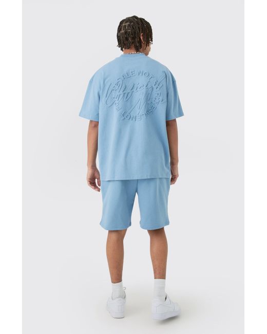 BoohooMAN Blue Oversized Extended Neck Official Embossed T-shirt & Short Set for men