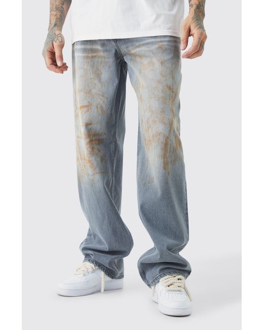 BoohooMAN Blue Tall Baggy Rigid Dirty Wash Jeans for men
