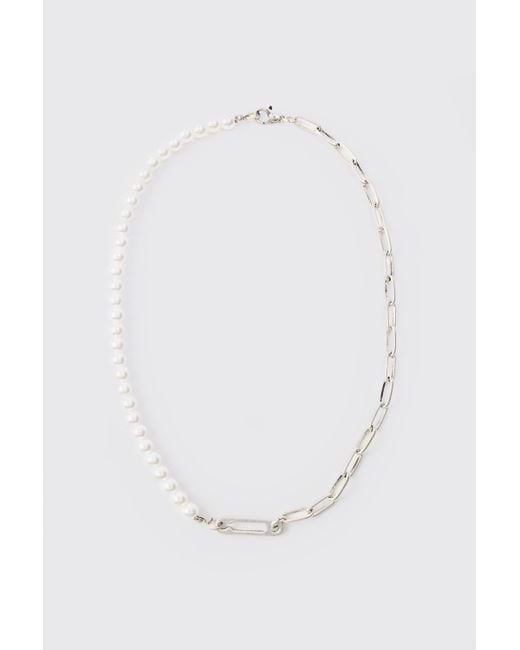 BoohooMAN White Pearl & Chain Necklace In Silver for men