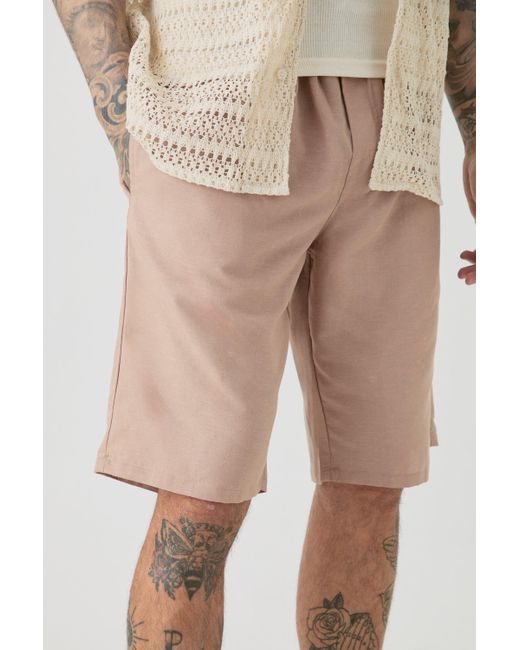 BoohooMAN Natural Tall Elasticated Waist Linen Comfort Shorts In Taupe for men