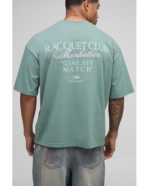 BoohooMAN Green Oversized Boxy Racquet Club Embroidered T-Shirt for men