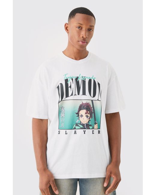BoohooMAN White Oversized Demon Slayer Anime License T-shirt for men