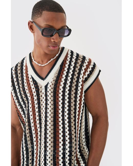 BoohooMAN Black Boxy Oversized Open Stitch V Neck Stripe Sweater Vest for men