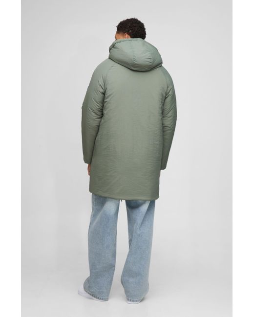 BoohooMAN Green Regular Fit Longline Hooded Funnel Padded Parka Jacket for men