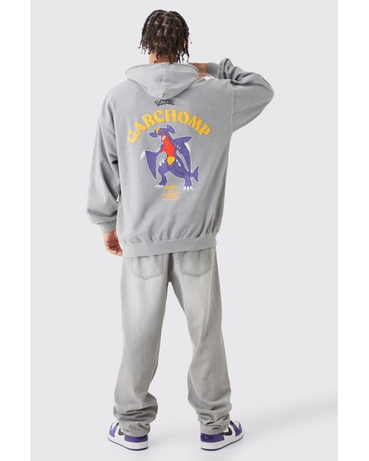 BoohooMAN Gray Oversized Washed Pokemon Garchomp License Hoodie for men