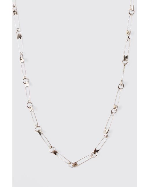 Boohoo White Safety Pin Chain Necklace In Silver