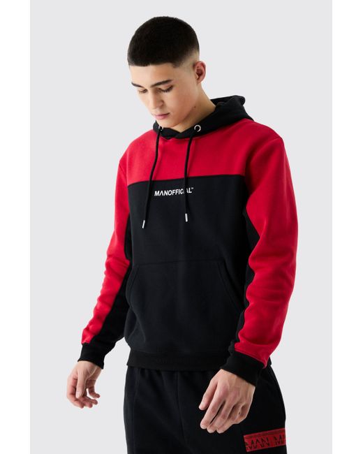 BoohooMAN Red Man Official Tape Back Colour Block Hoodie for men