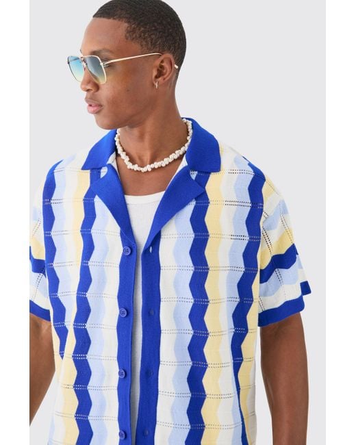 BoohooMAN Oversized Boxy Revere Open Knit Stripe Shirt In Blue for men