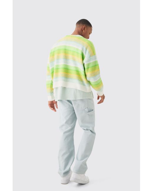 BoohooMAN Boxy Brushed Striped Cardigan In Green for men