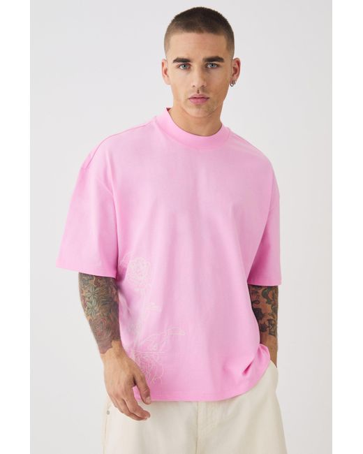 BoohooMAN Pink Oversized Boxy Extended Neck Line Drawing T-shirt for men