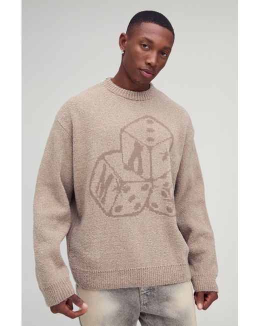 BoohooMAN Kastiger Oversize Pullover mit Würfeln in Natural für Herren