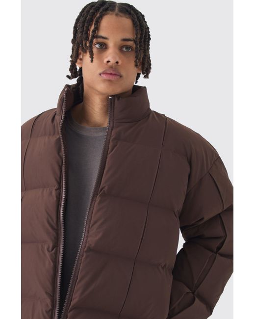 BoohooMAN Brown Pleat Detail Funnel Neck Puffer Jacket for men