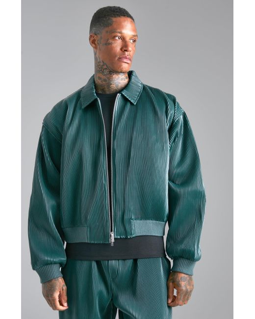 Boohoo Boxy Pleated Faux Leather Harrington in Green for Men Lyst