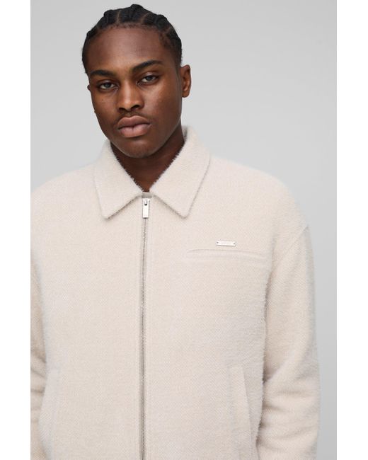BoohooMAN Kastige strukturierte Harrington-Jacke in Natural für Herren