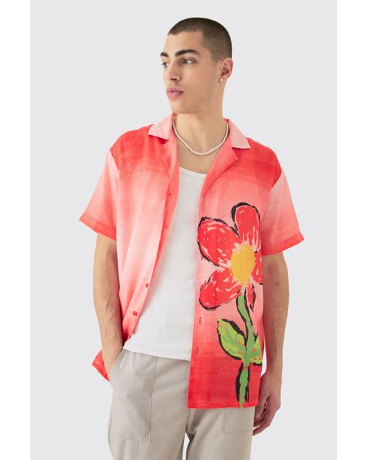 BoohooMAN Red Oversized Ombre Flower Print Linen Look Shirt for men