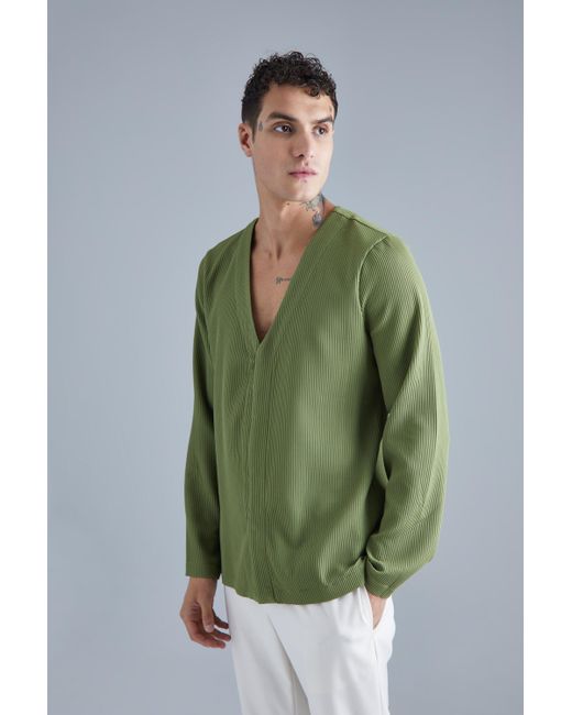 BoohooMAN Green Pleated Slim Collarless Concealed Button Blazer for men
