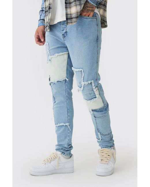 BoohooMAN Blue Tall Patchwork Cargo Skinny Jeans for men