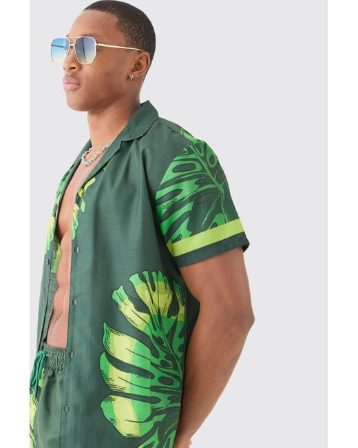 Regular Leaf Shirt & Swim Short Set Boohoo de color Green