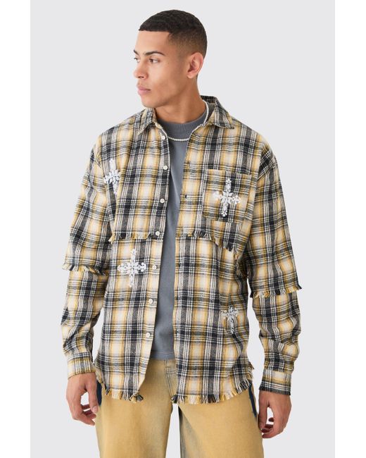 BoohooMAN Yellow Oversized Layered Print Flannel Shirt for men