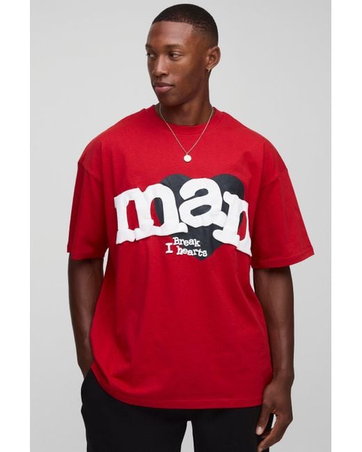 BoohooMAN Red Oversized Puff Print Heart T-Shirt for men
