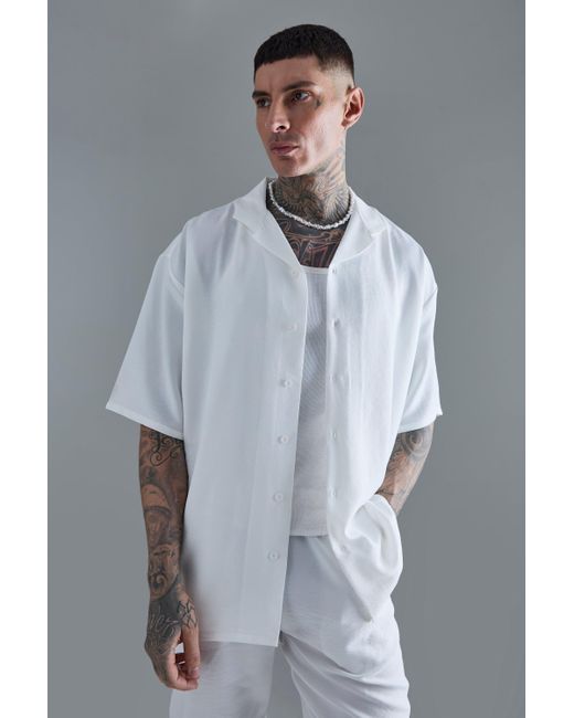 BoohooMAN Tall Short Sleeve Drop Revere Linen Shirt In White in Gray für Herren