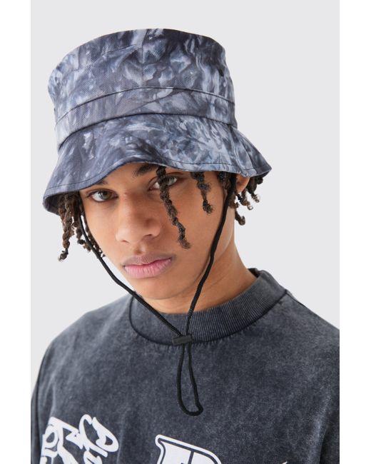 BoohooMAN Blue Twill Printed Boonie Hat In Black for men
