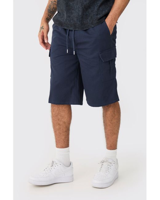 BoohooMAN Blue Elastic Waist Navy Relaxed Fit Longer Length Cargo Shorts for men