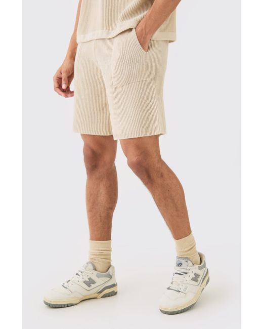 BoohooMAN Natural Relaxed Mid Length Ribbed Knit Short for men