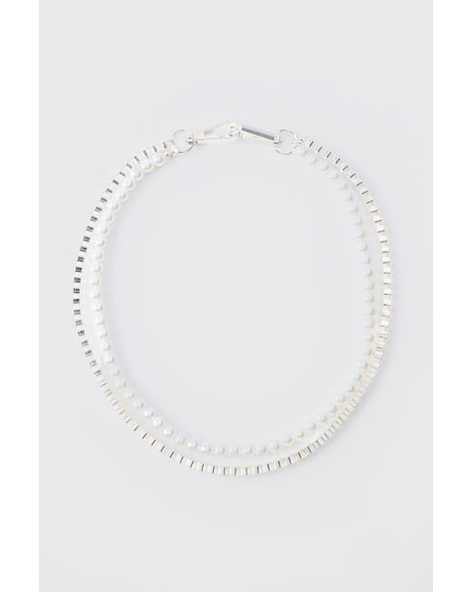 BoohooMAN White Iced Multilayer Necklace for men