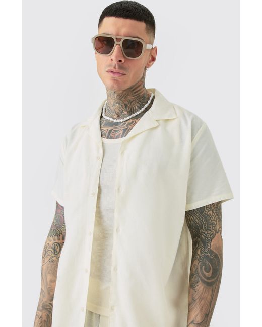 BoohooMAN Natural Tall Drop Revere Linen Shirt & Short Set In Ecru for men