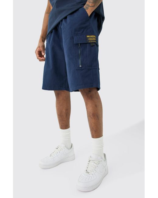 BoohooMAN Blue Tall Fixed Waist Twill Relaxed Cargo Zip Detail Tab Short for men
