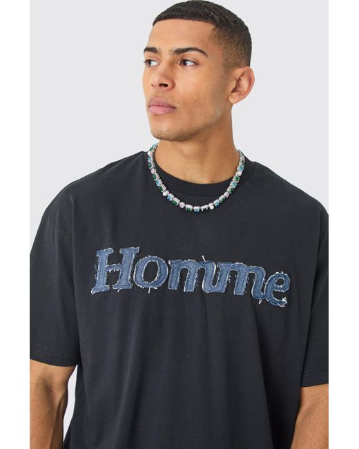 BoohooMAN Blue Oversized Denim Applique T-shirt for men