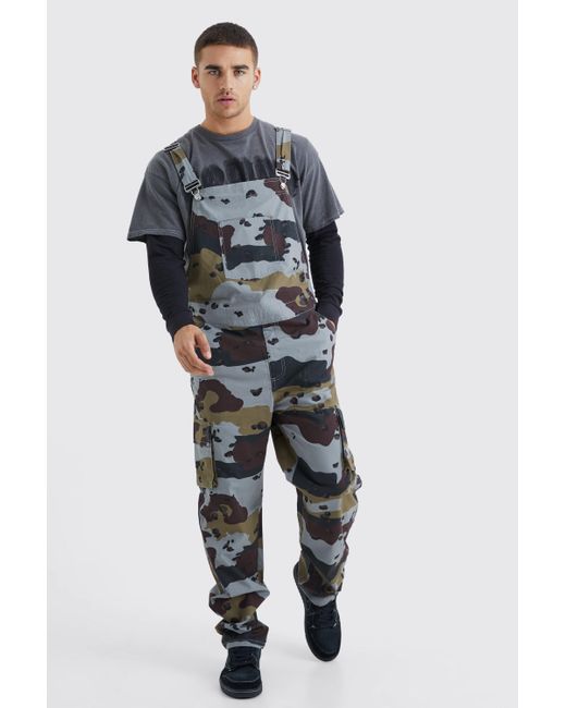 BoohooMAN Gray Relaxed Camo Cargo Dungaree for men