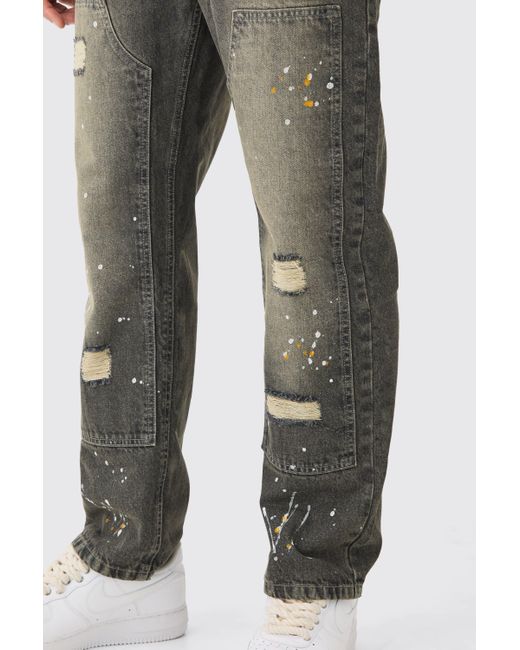 BoohooMAN Green Relaxed Rigid Ripped Carpenter Paint Splatter Jeans In Antique Grey for men