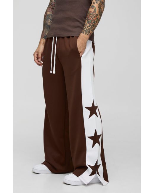 BoohooMAN Brown Wide Leg Star Tricot Split Hem Joggers for men