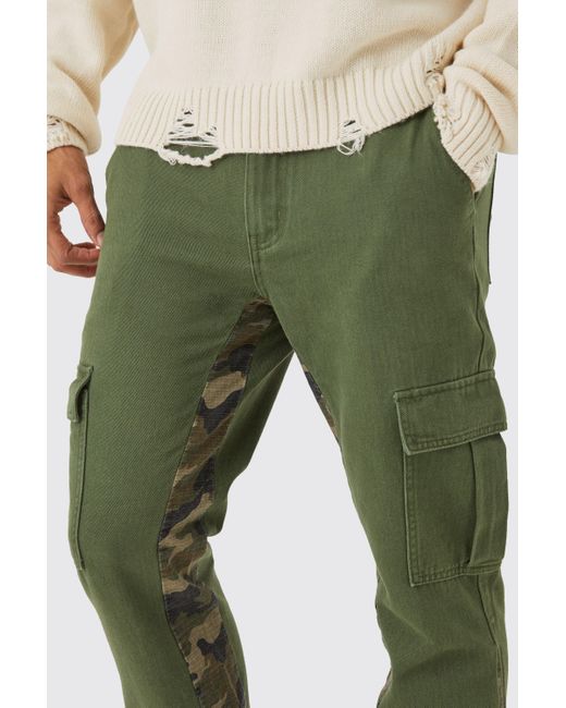 BoohooMAN Green Slim Flare Camo Gusset Cargo Trouser for men