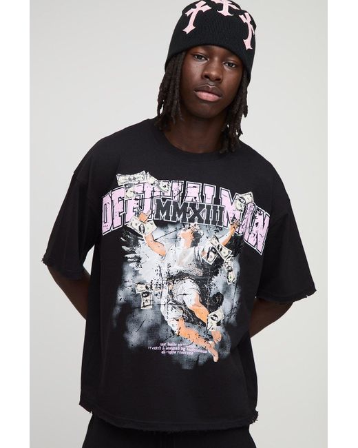 Puff Print Distressed Boxy Oversized Graphic T-Shirt Boohoo de color Black