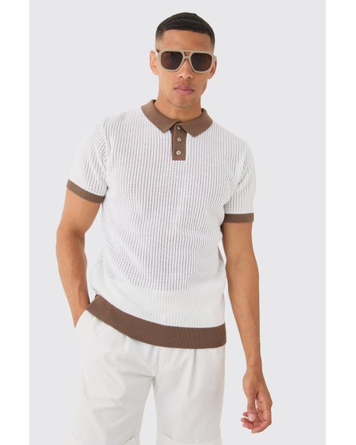 BoohooMAN Regular Fit Ribbed Open Stitch Contrast Polo In White for men