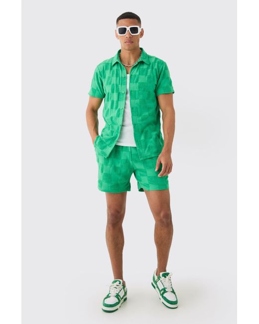 BoohooMAN Green Towelling Checkerboard Shirt & Short Set for men